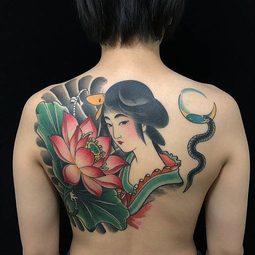 Tattoo of Asian woman with black hair, red lotus flower, and snake on back, black background, photograph.
