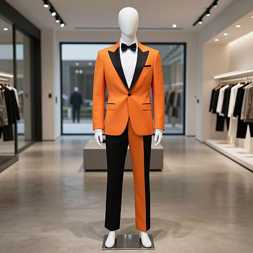 Photograph of a headless mannequin in a vibrant orange tuxedo with black lapels and bow tie, displayed in a modern, well