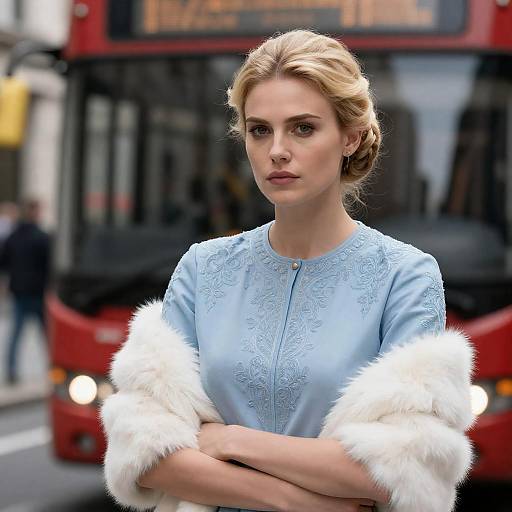 Blonde Updo in Embroidered Blue Blouse