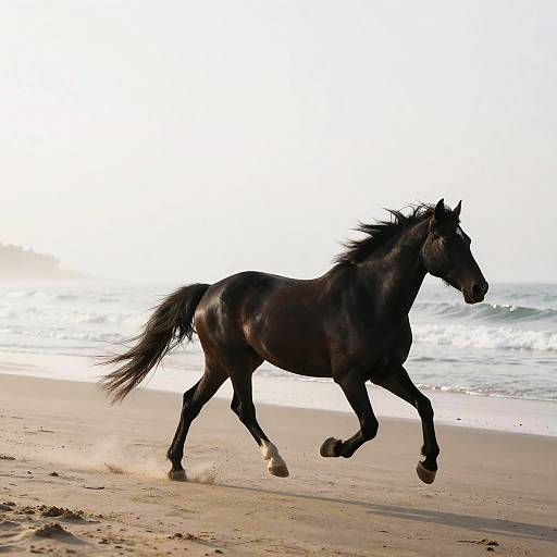 Swift Black Horse on Misty Beach