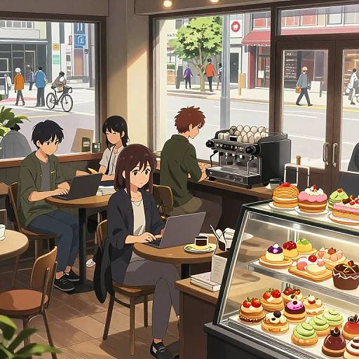 Anime-style digital drawing of a cozy café with four patrons, two men and two women, working on laptops, surrounded by colorful pastries. Sunlit