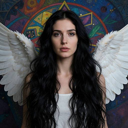Photograph of a pale-skinned woman with long black hair, white angel wings, wearing a white tank top, set against a colorful, mystical,