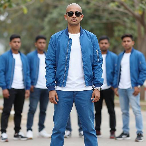 Photograph of a bald man in a blue jacket, white shirt, and blue jeans, standing confidently in front of four men in similar attire, outdoors