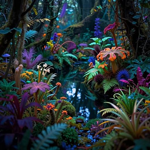 Vibrant digital artwork of a lush, colorful forest with glowing flowers, ferns, and exotic plants illuminated by blue light amidst dark, mossy