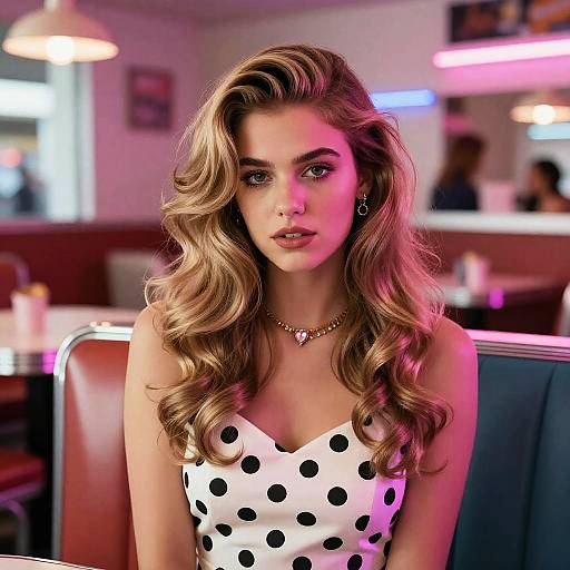 Young Woman with Face-Framing Highlights in Retro Diner