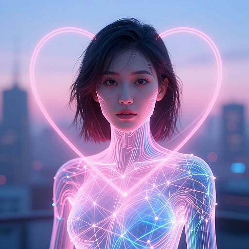 Digital CGI of an Asian woman with neon blue and pink wireframe outline, heart-shaped neon background, cityscape at dusk.
