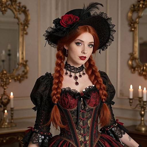 Photograph of a pale-skinned, red-haired woman in Victorian Gothic attire, with black lace hat, red rose, corset, and choker
