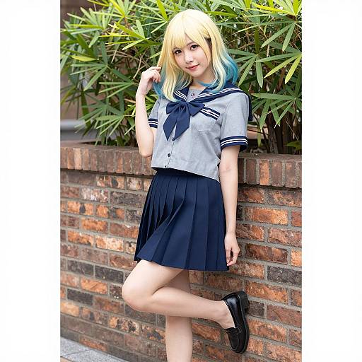 Stylish Asian Student Against Brick Wall