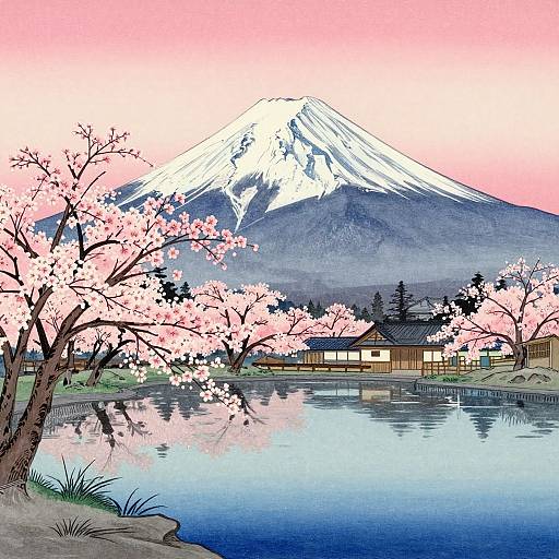 Serene Ukiyo-e Mount Fuji Landscape