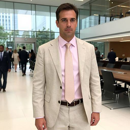 Photograph of a serious-looking man in a cream suit, pink tie, and white shirt standing in a modern, glass-walled office. Other people