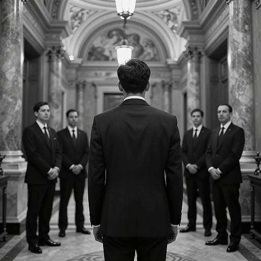 Elegant Hallway with Men in Suits