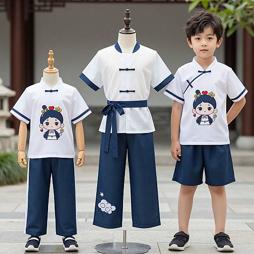 Photograph of three Asian boys in matching white martial arts shirts and dark blue pants, standing in front of a mannequin display. Mannequin