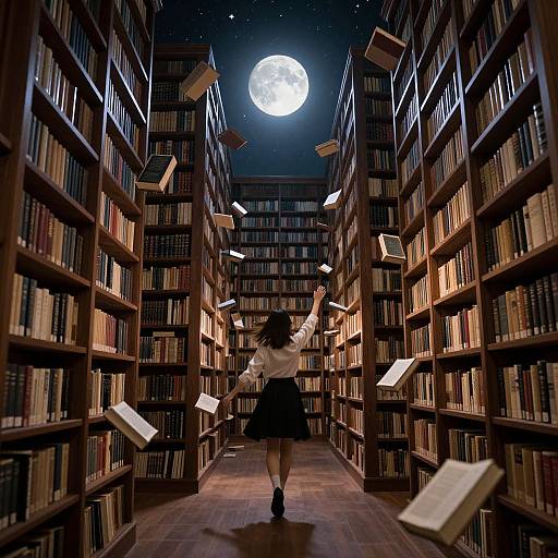 Digital artwork: A woman in a white blouse and black skirt, with long hair, reaches for books in a moonlit library aisle, surrounded by floating