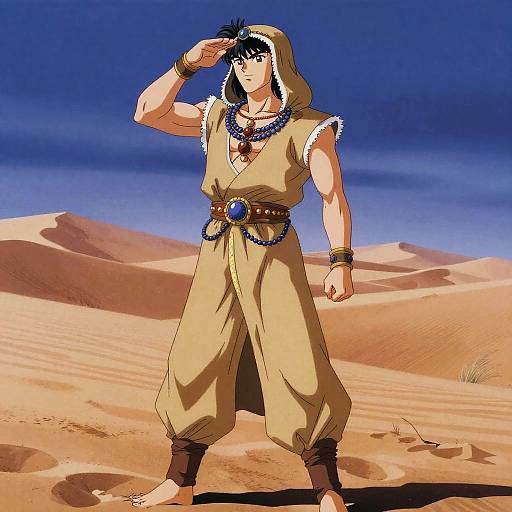 Anime-style drawing of a muscular man with black hair, wearing a beige hooded robe, blue bead necklace, and brown sandals, standing in a desert