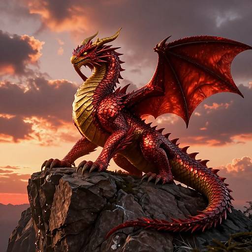 Digital artwork of a majestic, red-scaled dragon with golden underbelly, standing on a rocky peak, wings spread, against a dramatic sunset sky