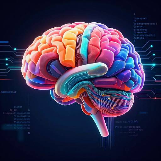 Digital CGI of a neon-colored, glowing human brain with vibrant orange, pink, blue, and purple hues, surrounded by tech-like circuitry on a