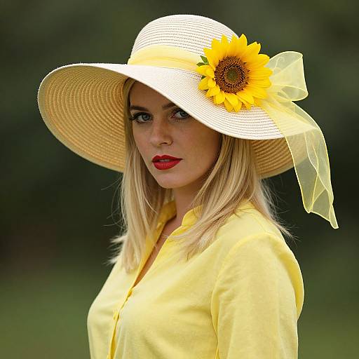 Photograph of a blonde woman with red lipstick, wearing a yellow shirt and wide-brimmed sunhat adorned with a sunflower, set against a