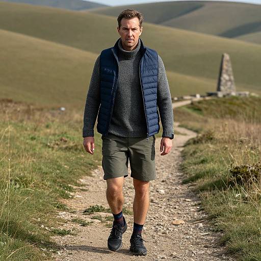 Photograph of a man walking on a gravel path in a hilly, grassy landscape. He wears a blue puffer vest, gray sweater,