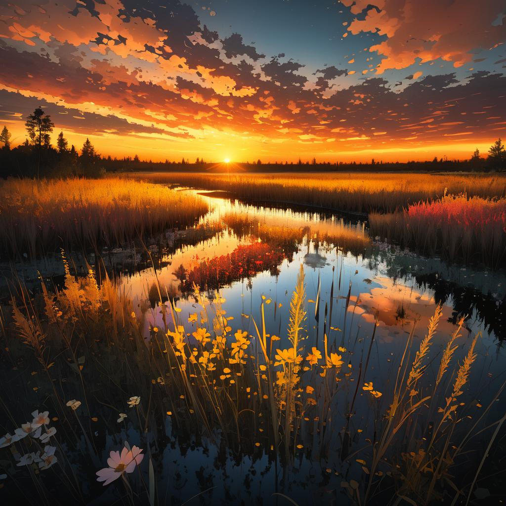 Surreal Dusk in a Flower-Filled Bog