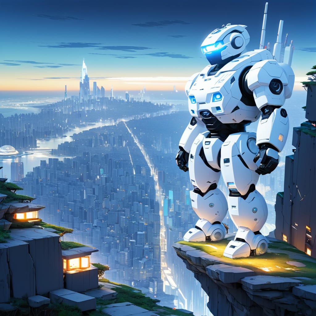 Chubby Robot Overlooking Futuristic City