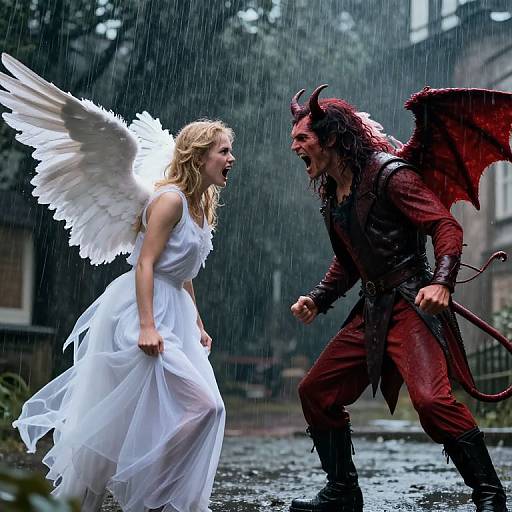 Photograph: Angelic blonde woman in white dress confronts demonic red-horned man with wings in rainy, dark street scene. Both mid-str