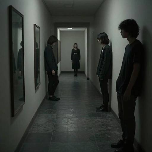 Photograph of four people in a dimly lit, narrow hallway with dark tiled floor, white walls, and framed pictures; two standing on the left