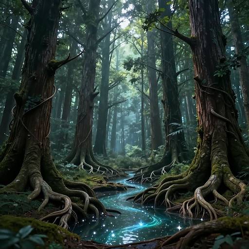Digital fantasy forest scene with tall, moss-covered trees, roots exposed, a glowing blue stream, and ethereal light filtering through.