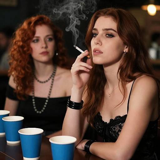 Two Women in Dimly Lit Bar with Cigarette Smoke