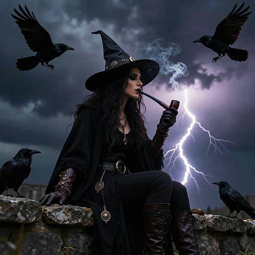 Mysterious witch in black cloak and hat, smoking pipe, lightning bolt background, surrounded by black ravens, stormy sky, gothic fantasy.