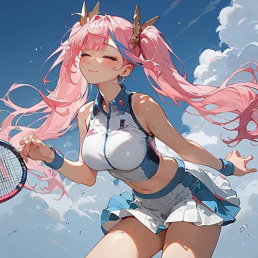 Multicolored Pink Twintails Tennis Girl