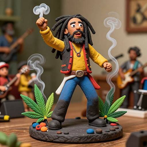 Photograph of a colorful, detailed figurine of a bearded man with dreadlocks, wearing a yellow shirt, red vest, and blue pants,
