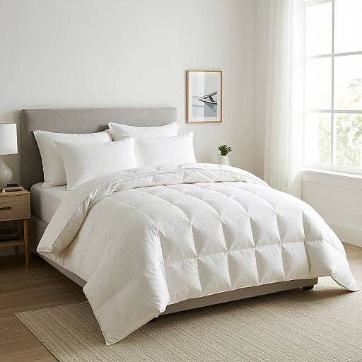 Photograph of a modern bedroom with a gray upholstered bed, white bedding, puffy comforter, wooden nightstand, white lamp, framed art
