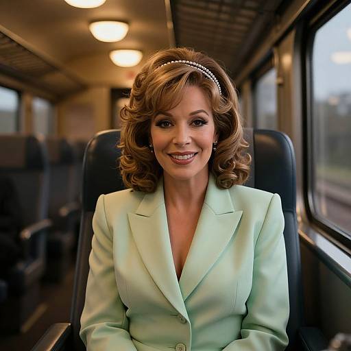Photograph of a smiling woman with curly brown hair, wearing a light green blazer and pearl headband, seated on a train.