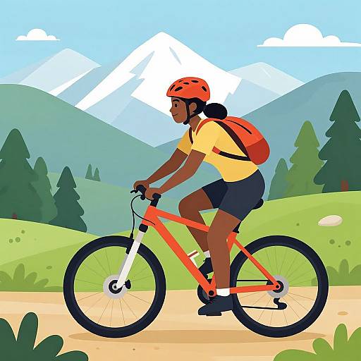 Digital illustration of a black cyclist with red helmet, yellow shirt, and red backpack riding orange bike on a path, with mountains and pine trees in the