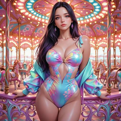 Young woman in floral swimsuit at carnival carousel
