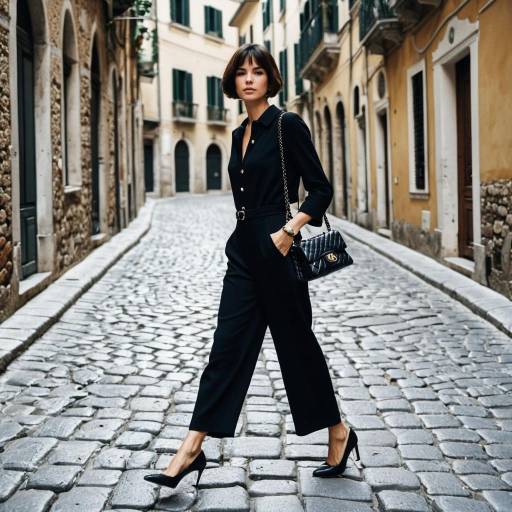 Stylish woman walking on cobblestone street