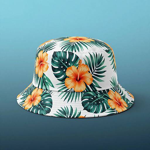 Photograph of a white bucket hat with vibrant orange hibiscus flowers and green palm leaves, set against a gradient blue background.