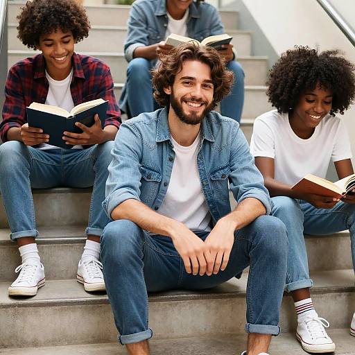 Group of Diverse Young Adults Reading on Stairs