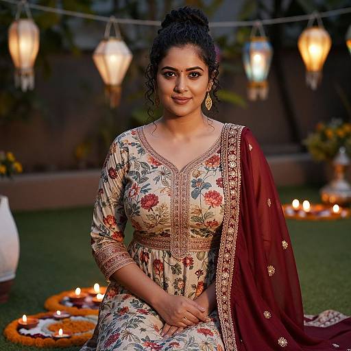 Photograph of a beautiful Indian woman with dark hair in a bun, wearing a floral embroidered salwar kameez and maroon dupatta, seated