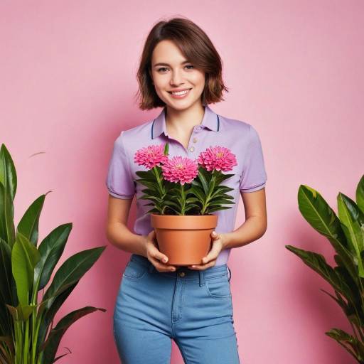Cheerful Girl with Flower Pot