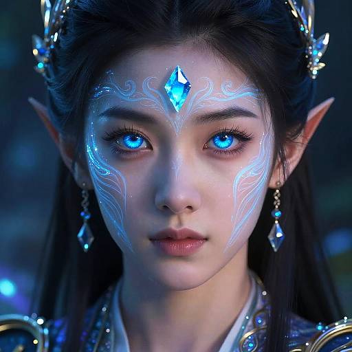 Photorealistic digital artwork of an ethereal, elf-like woman with glowing blue eyes, intricate blue facial markings, dark hair, and pointed ears,