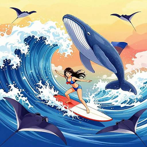 Anime Girl Surfing with Whale and Manta Rays