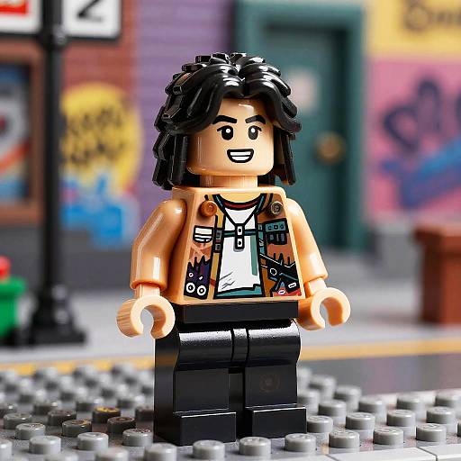 Photograph of a LEGO minifigure with black hair, tan skin, black pants, brown vest, white shirt, and black jacket, standing on
