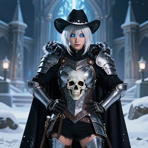 Warrior Woman in Skull Armor with Glowing Blue Eyes