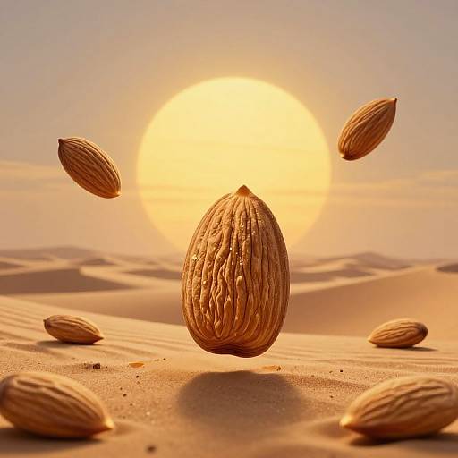 Photograph of a single, vertically-standing walnut in a desert at sunset, surrounded by floating walnuts, with golden sunlight and dune shadows.