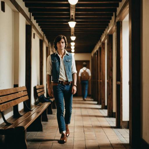 Confident Young Man in Vintage 1970s Style Corridor
