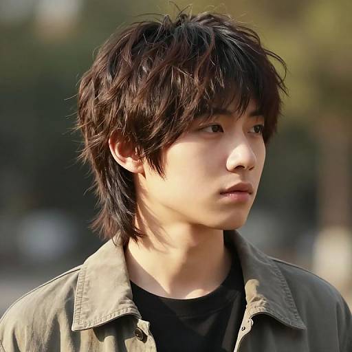 Photograph of an East Asian young man with messy black hair, wearing an olive-green jacket over a black shirt, looking to the right, with a