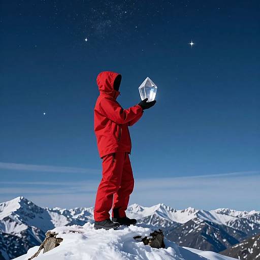 Red-Clad Figure with Hexagonal Crystal