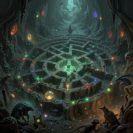 Fantasy digital artwork of a glowing, intricate maze with colorful orbs and ethereal creatures, set in a dark, mystical cave.