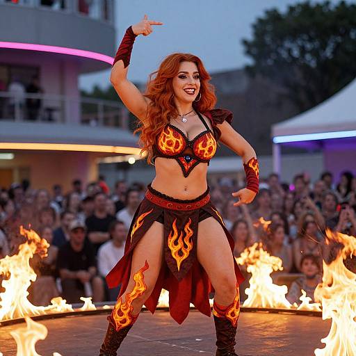 Photograph of a red-haired woman in fiery-themed, black-and-orange costume performing a fire dance, pointing upward, surrounded by flaming torches, with